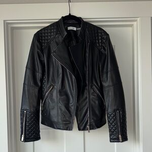 Calvin Klein Black Leather Moto Jacket with Quilted Shoulders